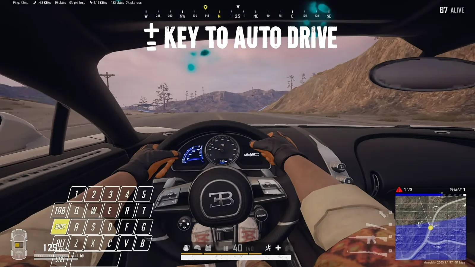 Pressing the plus or equals key to enable auto drive in a PUBG vehicle