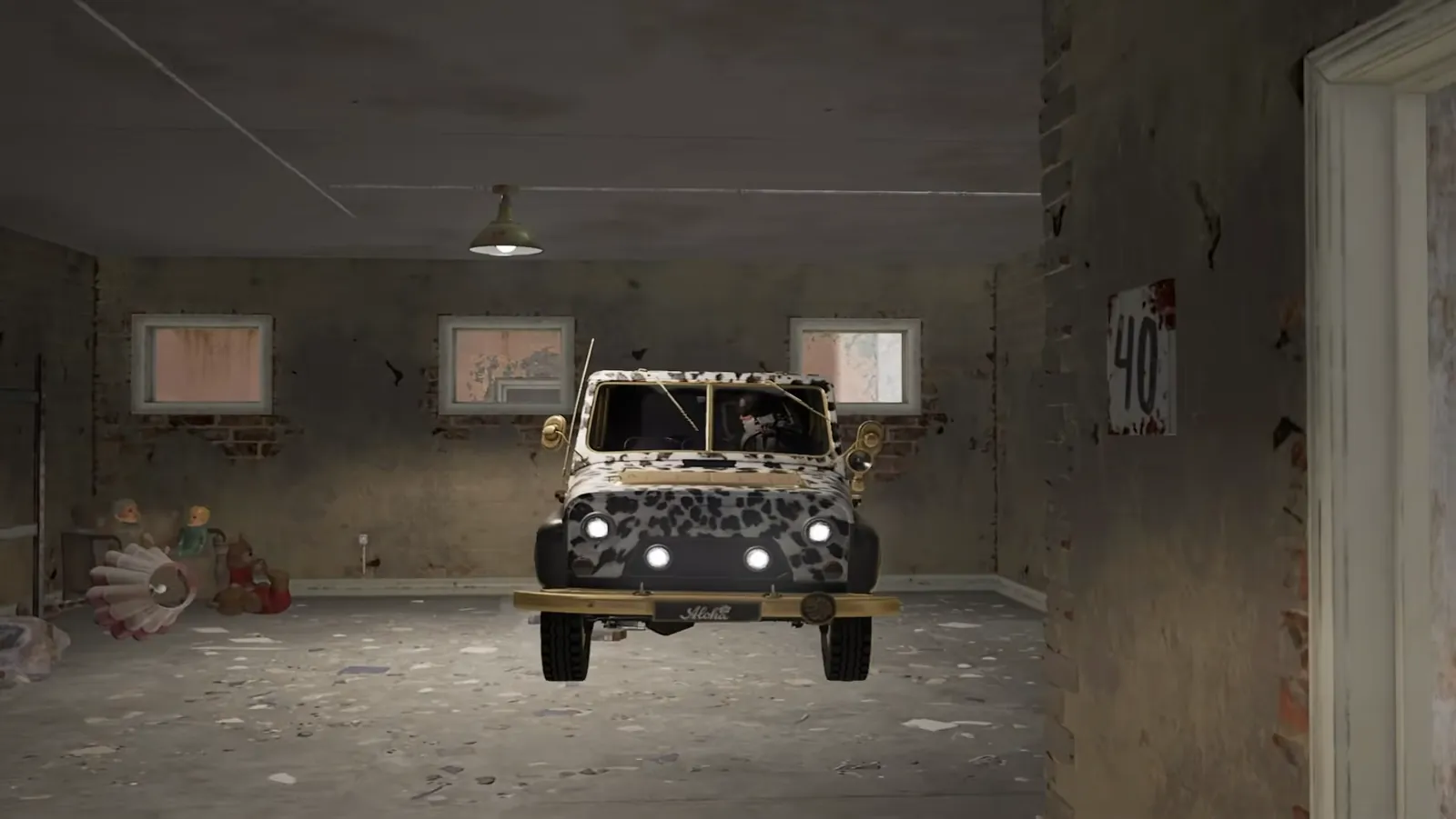A PUBG UAZ reversed into a garage to keep the car and its tires hidden from other teams