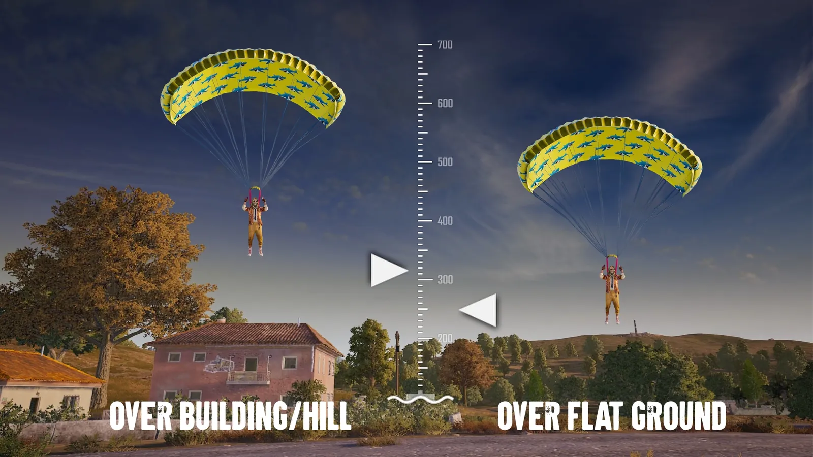 Comparison of PUBG parachute deploy height over a building or hill versus over flat ground