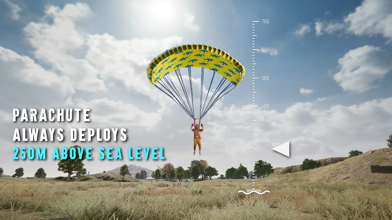 PUBG parachute automatically deploying at 250 meters above sea level over flat ground